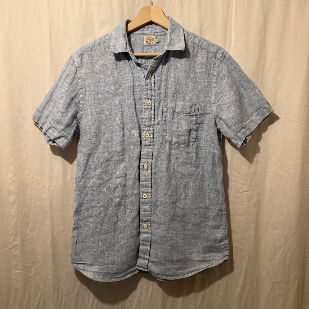 Faherty Palma Linen Button Up Shirt Mens Small Blue White Short Sleeve